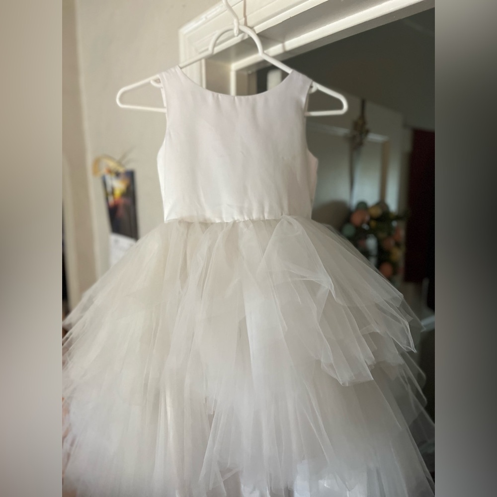 White tulle layered flower girl dress